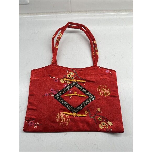 Red & Gold Satin Asian Print Small Purse Bag Zip - Picture 1 of 9